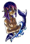  bad_id bad_pixiv_id blue_eyes bracelet breasts dark_skin hair_ornament hairclip hands_clasped jewelry matado mermaid monster_girl multicolored_hair necklace nipples nude original own_hands_together purple_hair simple_background small_breasts solo sparkle tattoo water white_background 