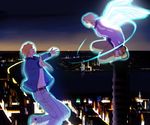  aqua_eyes blonde_hair blue_jacket bomber_jacket denim flying glowing glowing_eyes ivan_karelin jacket jeans keith_goodman letterman_jacket male_focus multiple_boys night night_sky pants purple_jacket sky tiger_&amp;_bunny wings yori3 