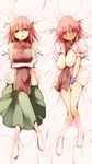  bandages bed_sheet between_breasts between_legs blush breast_hold breasts breasts_outside bun_cover clothes_between_breasts covering covering_crotch dakimakura double_bun fang flower hair_bun hand_between_legs ibaraki_kasen kneehighs kurikara large_breasts lying multiple_views nipples no_pants on_back open_clothes open_mouth pink_hair red_eyes red_flower red_rose rose shirt skirt tears touhou white_legwear 