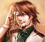  :q bow_(bhp) brown_eyes brown_hair face hands kaburagi_t_kotetsu male_focus necktie salute solo tiger_&amp;_bunny tongue tongue_out 