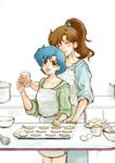  apron bishoujo_senshi_sailor_moon blue_hair brown_hair cookie egg food glass green_shirt hair_bobbles hair_ornament kino_makoto kitchen long_hair mizuno_ami multiple_girls otsukimi_(artist) ponytail shirt short_hair simple_background sleeves_rolled_up smile yuri 