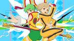  ass bad_id bad_pixiv_id blonde_hair bodysuit bruce_lee's_jumpsuit chinese_clothes detached_sleeves dragon_kid dual_persona fighting_stance green_eyes green_hair hair_ornament hat highres huang_baoling lightning multiple_girls orange_bodysuit ponytail short_hair shorts staff thighhighs tiger_&amp;_bunny umishima_senbon 