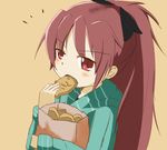  blush eating fang food kanata_(01230622) mahou_shoujo_madoka_magica sakura_kyouko solo taiyaki wagashi 