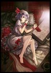  absurdres bad_id bad_pixiv_id barefoot bat_wings bed bloomers dress feet frilled_pillow frills hat highres lavender_hair lying on_side pillow red_eyes remilia_scarlet short_hair smile solo touhou underwear wings wrist_cuffs yinzhai 
