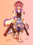  all_fours animal_ears blue_eyes blush dress hat horns horse_ears horse_girl horse_tail kemonomimi_mode kuromiya kuzakura_mika long_hair multiple_girls open_mouth original pet_play pink_hair pony_play purple_eyes riding silver_hair sitting sitting_on_person souma_ren tail thighhighs 