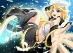  arm_warmers blonde_hair blue_eyes colorized hair_ornament hair_ribbon hairclip headphones headset highres kagamine_rin koshi-kun leg_warmers open_mouth ribbon short_hair shorts smile solo vocaloid 