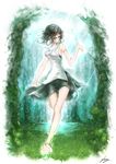  bare_arms bare_legs barefoot black_hair blue_eyes day dress earrings facepaint forest gingami_(giluziru) grass headband jewelry mononoke_hime nature necklace outdoors running san short_hair solo tree water 