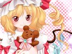  blonde_hair blush bow close-up closed_mouth commentary_request drill_hair face fang flandre_scarlet hat red_eyes ribbon side_ponytail smile solo stuffed_animal stuffed_toy teddy_bear touhou wings yuzuna99 