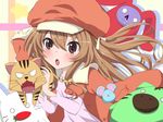  :o aisaka_taiga bakemonogatari brown_eyes brown_hair bunny cosplay hat highres jacket jacket_on_shoulders kazabana_fuuka long_hair monogatari_(series) mouse palmtop_tiger sengoku_nadeko sengoku_nadeko_(cosplay) solo stuffed_animal stuffed_toy tiger toradora! 