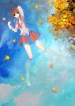  afloat ahoge autumn_leaves barefoot brown_eyes brown_hair from_above leaf lying necktie original paku parted_lips partially_submerged reflection school_uniform skirt sky solo water wet wet_clothes 