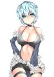  bad_id bad_pixiv_id blue_eyes blue_hair breasts choker cleavage collarbone cowboy_shot detached_sleeves fur-trimmed_sleeves fur-trimmed_waist_cape fur_trim halterneck headband large_breasts navel ragnarok_online short_hair short_shorts shorts simple_background smile solo stalker thigh_strap waist_cape white_background yorugin 