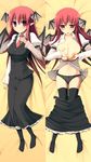  bat_wings bed_sheet black_legwear black_panties blush breasts breasts_outside cleavage dakimakura dress_shirt head_wings koakuma kujiran large_breasts long_hair navel necktie nipples open_clothes open_shirt panties pointy_ears purple_eyes red_hair shirt skirt skirt_pull thighhighs touhou underwear vest wings 