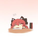  =_= animal_ears blush_stickers braid cat_ears chibi closed_eyes fang hazuki_ruu kaenbyou_rin open_mouth paper pencil red_hair solo tears touhou twin_braids 