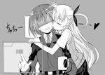  bad_id bad_pixiv_id cheek_kiss closed_eyes cup greyscale hug kawakami_shuuichi kiss lyrical_nanoha mahou_shoujo_lyrical_nanoha_strikers military military_uniform monochrome mug multiple_girls necktie no_eyes school_uniform shaded_face sweat sweater_vest tsab_naval_military_uniform uniform vivio yagami_hayate yuri 