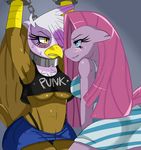  avian bdsm beak blue_eyes blush bound breasts chain chained collar cuffs dress equine feathers female friendship_is_magic gilda_(mlp) gryphon hair hasbro horse long_hair my_little_pony navel pink_hair pinkie_pie_(mlp) pony shirt skimpy skirt sssonic2 under_boob yellow_eyes 