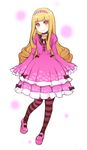  blonde_hair bow dress fasces hairband long_hair mary_janes original pantyhose red_eyes ringlets shoes sleeves_past_wrists solo striped striped_legwear 