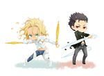  armor bad_id bad_pixiv_id black_hair blonde_hair denim el_shaddai enoch green_eyes gucha_(netsu) jeans lucifel_(el_shaddai) multiple_boys open_mouth pants umbrella 