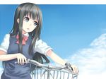  bad_id bad_pixiv_id bangs basket bicycle bicycle_basket black_hair blue_eyes blue_sky blunt_bangs bow bowtie cloud co2 collared_shirt day ground_vehicle long_hair looking_away looking_to_the_side original outdoors red_bow red_neckwear ribbon school_uniform shirt short_sleeves sidelocks sky solo upper_body vest white_shirt 