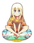  barefoot blonde_hair blue_eyes casual cushion eyebrows feet grin indian_style k-on! kotobuki_tsumugi long_hair sitting smile solo tom_(drpow) 