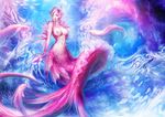  breasts chain claws copyright_request fish hair_over_one_eye kid_(artist) linked_piercing lips medium_breasts mermaid monster_girl navel nipple_chain nipple_piercing nipples nude piercing pink_hair solo underwater webbed_hands 