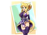  animal_ears artist_request blonde_hair breasts dog_days elbow_gloves fox_ears fox_tail gloves green_eyes japanese_clothes large_breasts no_panties ponytail smile solo standing standing_on_one_leg tail thighhighs yukikaze_panettone 