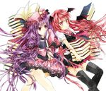  bad_id bad_pixiv_id bat_wings black_legwear book bow buttons colored_eyelashes crescent dress_shirt eyelashes hair_bow hat head_wings highres koakuma kujaku_renka long_hair multiple_girls necktie patchouli_knowledge purple_eyes purple_hair red_eyes red_hair shirt smile thighhighs touhou very_long_hair vest wings zettai_ryouiki 