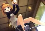  absurdres apron blush brown_hair ceiling convenient_leg from_below green_eyes hair_ribbon highres kantoku legs light_bulb long_hair looking_down minagawa_yuuhi necktie open_mouth ponytail ribbon shoes sitting skirt smile sneakers solo your_diary 