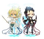  armor bad_id bad_pixiv_id black_hair blonde_hair blue_eyes denim el_shaddai enoch gucha_(netsu) jeans lucifel_(el_shaddai) male_focus multiple_boys pants red_eyes sword weapon 