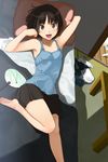  :d amagami armpits bare_legs barefoot bed brown_eyes brown_hair cat chemise clothes_on_floor fan feet flat_chest highres legs long_legs lying on_back open_mouth paper_fan pillow short_hair skirt smile solo table tachibana_miya takayama_kisai tatami uchiwa 