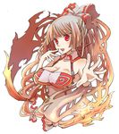  adapted_costume breasts fire fujiwara_no_mokou jewelry long_hair medium_breasts red_eyes ring silver_hair simple_background solo touhou uni_mate upper_body 