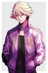  bad_id bad_pixiv_id blonde_hair fujiwara ivan_karelin jacket letterman_jacket male_focus purple_eyes purple_jacket solo tiger_&amp;_bunny 