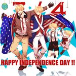  absurdres ahoge america_(hetalia) american_revolution axis_powers_hetalia bad_id bad_pixiv_id blonde_hair blue_eyes boots child flag glasses gloves highres jacket jumping male_focus military military_uniform multiple_boys multiple_persona patriotism sorato_mizutama tears uniform younger 