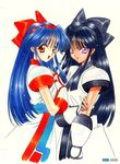  90s bad_id bad_pixiv_id blue_hair bow brown_eyes dual_persona gauntlets hair_bow light_smile long_hair multiple_girls murasaki_nakoruru nail_polish nakoruru nanase_aoi open_mouth purple_eyes red_bow samurai_spirits simple_background tan time_paradox 