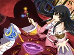  bamboo black_hair bowl branch brown_eyes cape cowry_shell floating floating_object full_moon glowing highres houraisan_kaguya japanese_clothes jeweled_branch_of_hourai long_hair moon night open_mouth red_moon robe skirt smile solo touhou zqhzx 