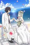  1girl absurdres ano_hi_mita_hana_no_namae_wo_bokutachi_wa_mada_shiranai. beach bouquet couple day dress flower head_wreath hetero highres holding_hands honma_meiko long_hair silver_hair tears tuxedo wedding wedding_dress wingheart yadomi_jinta 