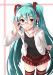  adjusting_eyewear aqua_hair bad_id bad_pixiv_id blush cowboy_shot glasses hatsune_miku headphones highres jewelry kocchi_muite_baby_(vocaloid) long_hair looking_at_viewer natural_(module) necklace plaid plaid_skirt project_diva_(series) project_diva_2nd red-framed_eyewear red_eyes skirt smile solo striped striped_legwear thighhighs twintails very_long_hair vocaloid yamane_akira zettai_ryouiki 