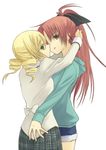  :q blonde_hair bow chirosuke_(nameless) drill_hair hair_bow long_hair looking_at_viewer mahou_shoujo_madoka_magica multiple_girls red_eyes red_hair sakura_kyouko short_hair shorts skirt tomoe_mami tongue tongue_out twin_drills twintails yellow_eyes yuri 