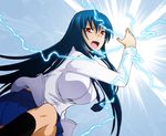  bad_id bad_pixiv_id blue_hair breasts diamond_cut_diamond electricity kenji_t1710 large_breasts long_hair necktie open_mouth original red_eyes school_uniform shigyou_yuuyami shirt skirt solo white_shirt 