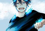  ao_no_exorcist black_hair blue_eyes blue_fire fang fire male_focus naro_(nord) okumura_rin open_mouth pointy_ears solo tears 
