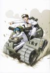  1girl artist_request blue_hair brown_hair caterpillar_tracks controller gatling_gun goggles goggles_on_head ground_vehicle gun helmet highres joystick military military_vehicle motion_blur motor_vehicle muvluv open_mouth pointing scan scan_artifacts shirogane_takeru tank uniform weapon yoroi_mikoto 