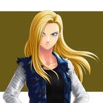  alternate_hair_length alternate_hairstyle android_18 blonde_hair blue_eyes dragon_ball dragon_ball_z hair_over_one_eye highres long_hair non-web_source open_clothes open_vest rxgdo smile solo torn_clothes torn_sleeves vest 