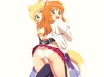  animal_ears blonde_hair blush brown_eyes cameltoe dog_days doggirl fang foxgirl gloves green_eyes ninja orange_hair panties ricotta_elmar tail thighhighs underwear upskirt yukikaze_panettone yuri 