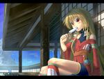  architecture bare_shoulders bike_shorts blonde_hair blush cloud collar day east_asian_architecture food letterboxed long_hair mossari_poteto mouth_hold original popsicle porch red_eyes sitting sky solo veranda 