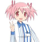  alternate_costume employee_uniform hair_ornament hair_ribbon kaname_madoka lawson mahou_shoujo_madoka_magica pink_eyes pink_hair ribbon shirt short_hair short_twintails solo striped striped_shirt twintails uniform v vertical-striped_shirt vertical_stripes 