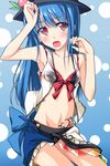 adapted_costume armpits bare_shoulders bikini blue_hair blush food fruit hat hinanawi_tenshi long_hair multicolored multicolored_sarong navel nu_(plastic_eraser) peach print_sarong pubic_tattoo red_eyes revealing_clothes sarong skirt solo swimsuit tattoo touhou 