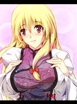  blonde_hair breasts dress highres large_breasts letterboxed long_hair nanase_nanami no_hat no_headwear red_eyes smile solo touhou upper_body yakumo_yukari 