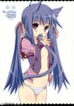  1girl absurdres animal_ears blue_eyes blue_hair blush bow breasts cat_ears cat_tail flat_chest hair_bow hair_ornament highres long_hair nipples no_bra open_clothes open_shirt original panties sasahiro shirt shy sleeves_past_wrists solo striped striped_panties tail twintails underwear 
