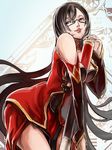  bare_shoulders bent_over between_breasts black_hair blazblue bra breasts china_dress chinese_clothes cleavage cleavage_cutout detached_sleeves dress glasses large_breasts lingerie lipstick litchi_faye_ling long_hair makeup side_slit solo soojie_roh staff underwear very_long_hair 