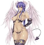  asa_(xametaler) blue_hair breasts crotch_cutout crotchless_panties demon_girl demon_tail elbow_gloves fang feathers fingerless_gloves gloves head_wings heart_cutout large_breasts low_wings nail_polish nippleless_clothes nipples original panties pointy_ears pubic_hair solo tail thighhighs underwear wings yellow_eyes 