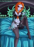  beckon bed big_breasts bra breasts clothed clothing female garter_belt hair legwear lingerie midna midna_(human) red_hair sigurd_von_hosenfeld sitting solo stockings the_legend_of_zelda twilight_princess underwear video_games 